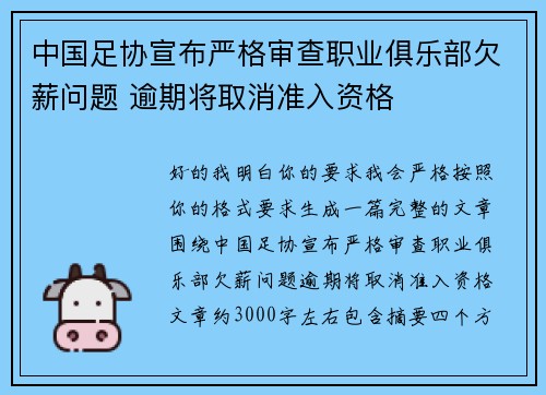 中国足协宣布严格审查职业俱乐部欠薪问题 逾期将取消准入资格 中国足协宣布严格审查职业俱乐部欠薪问题 逾期将取消准入资格